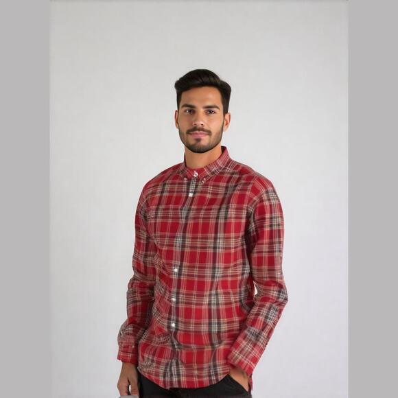 J. Crew Factory Mens Shirt S Red Navy Plaid Slim Green Yellow‎ Preppy Fit Button - Picture 1 of 6